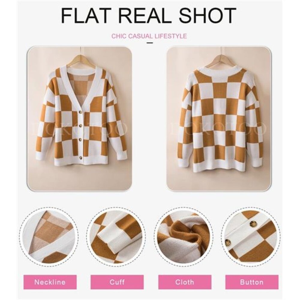 NEW Womens Plaid V Neck Button Down Long Sleeve Cable Knit Oversized Cardigan - Picture 5 of 6
